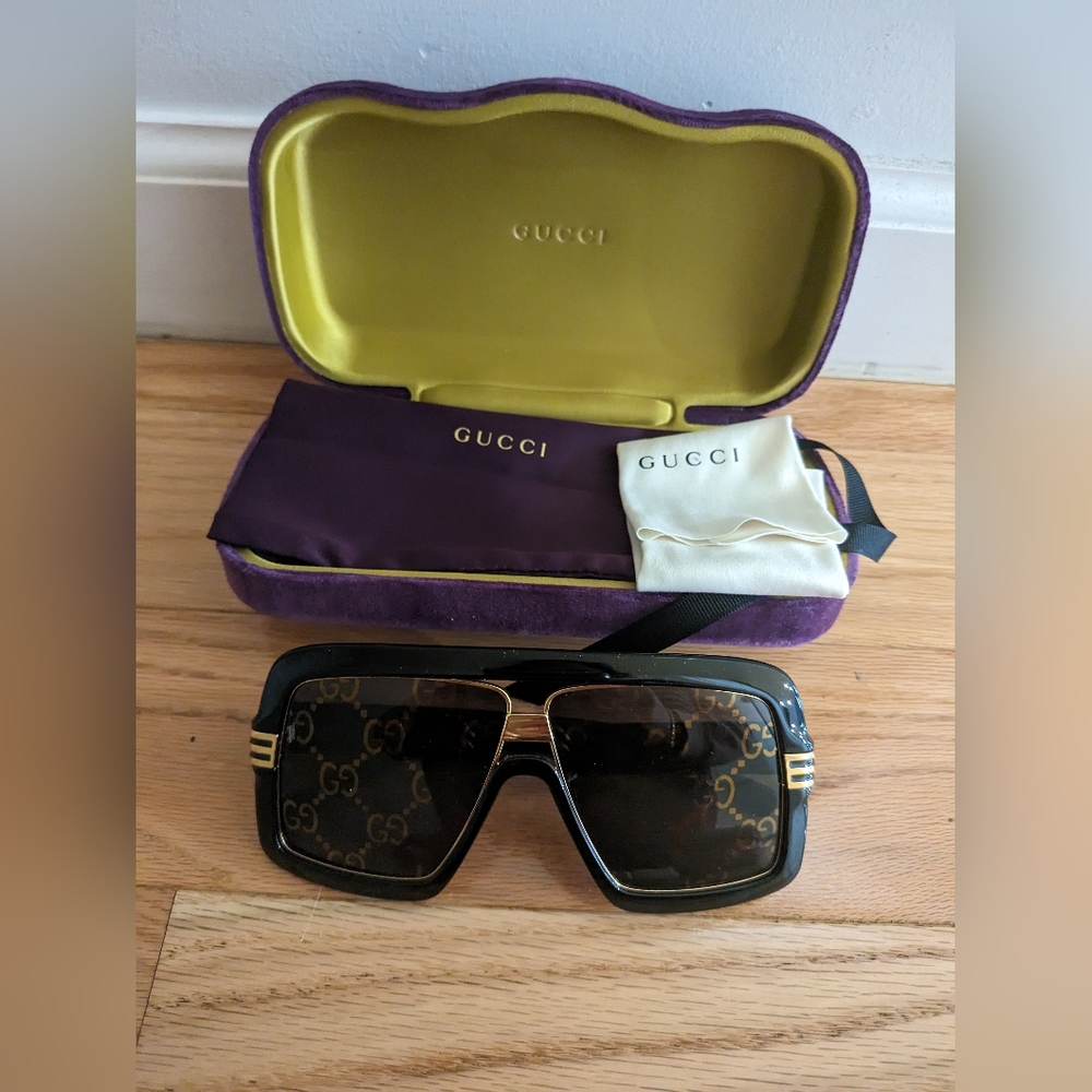 NEW GUCCI SQUARE-FRAME SUNGLASSES WITH GG LENS - Picture 10 of 11
